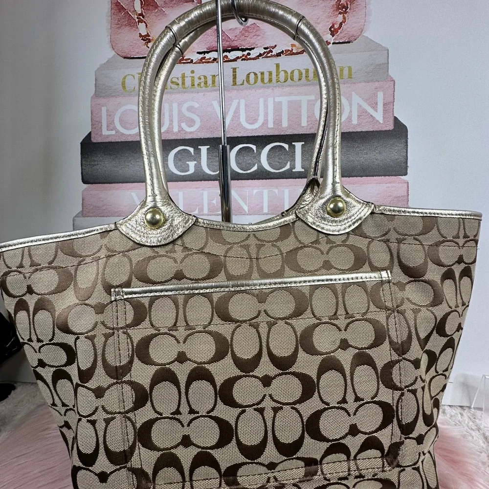 Coach Brown Signature Tote with Metallic Floral Appliqués - Picture 3 of 13